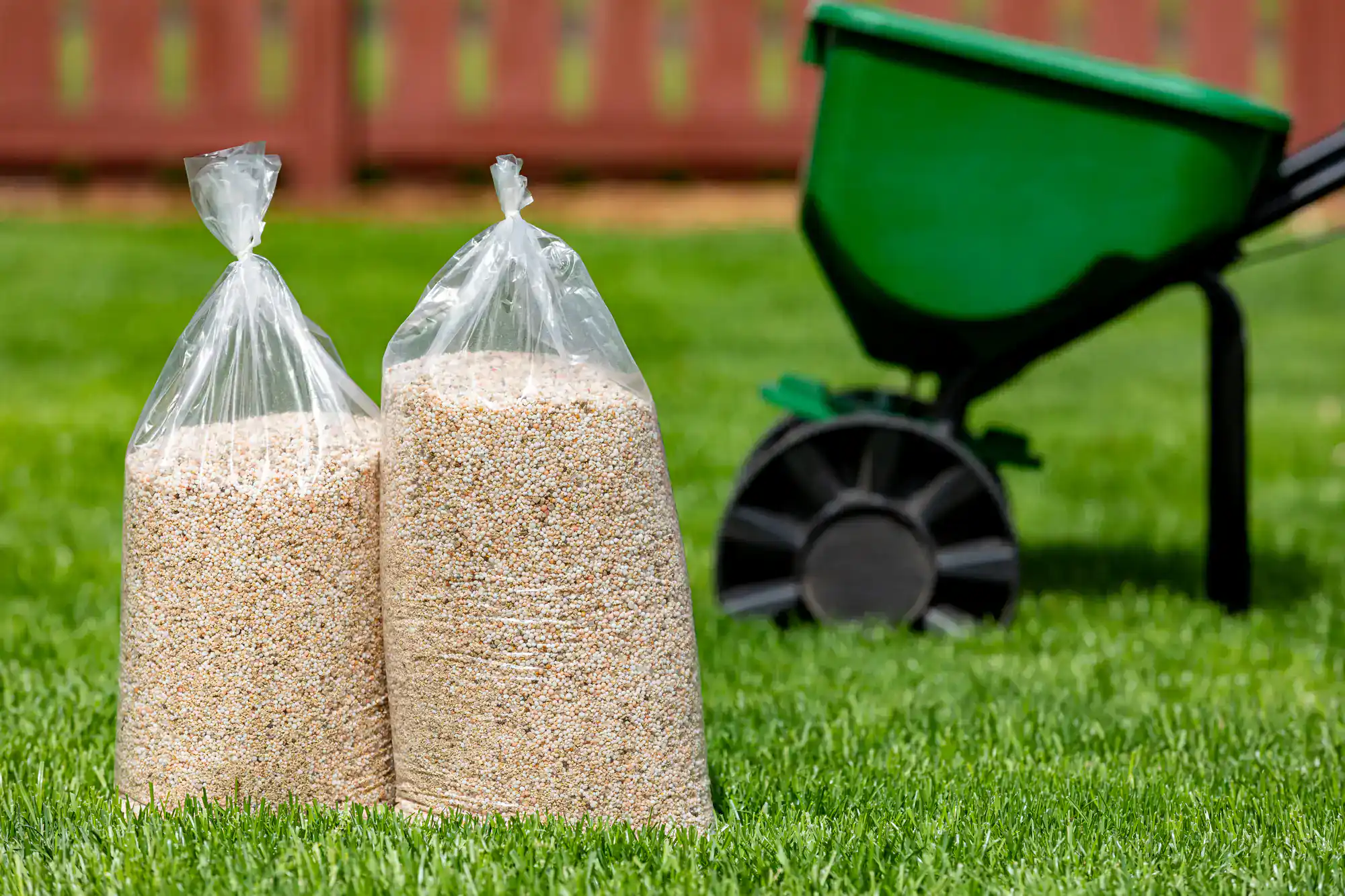 Two bags of lawn fertilizer sit beside a spreader, prepared for Lawn Renovation in Suffolk County, NY.