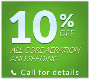 Green ad image shows "10% OFF all core aeration, seeding & Lawn Renovation Suffolk County. Call for details.