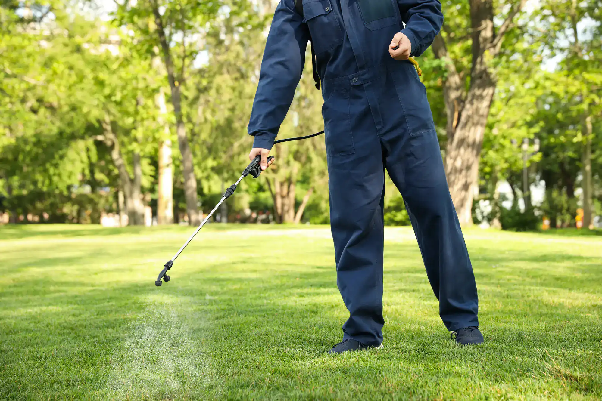 A person in blue coveralls sprays herbicide on a lawn during a Lawn Renovation Suffolk County service.