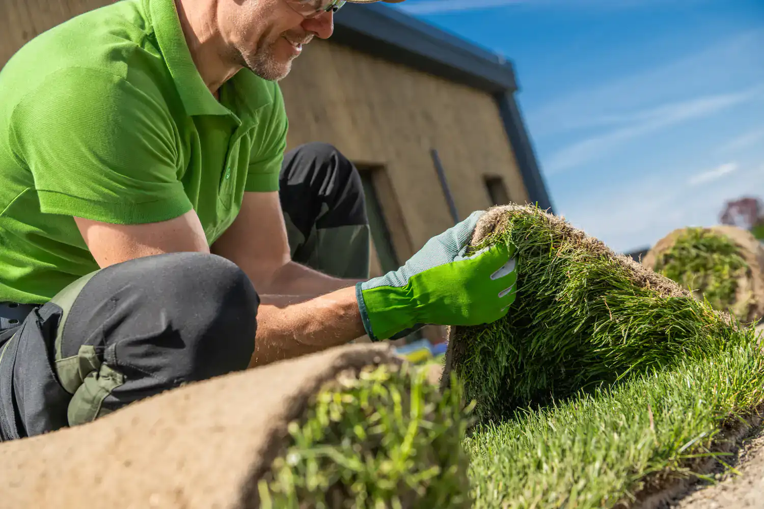 A person in a green shirt and gloves is installing sod for new grass in a sunny yard.