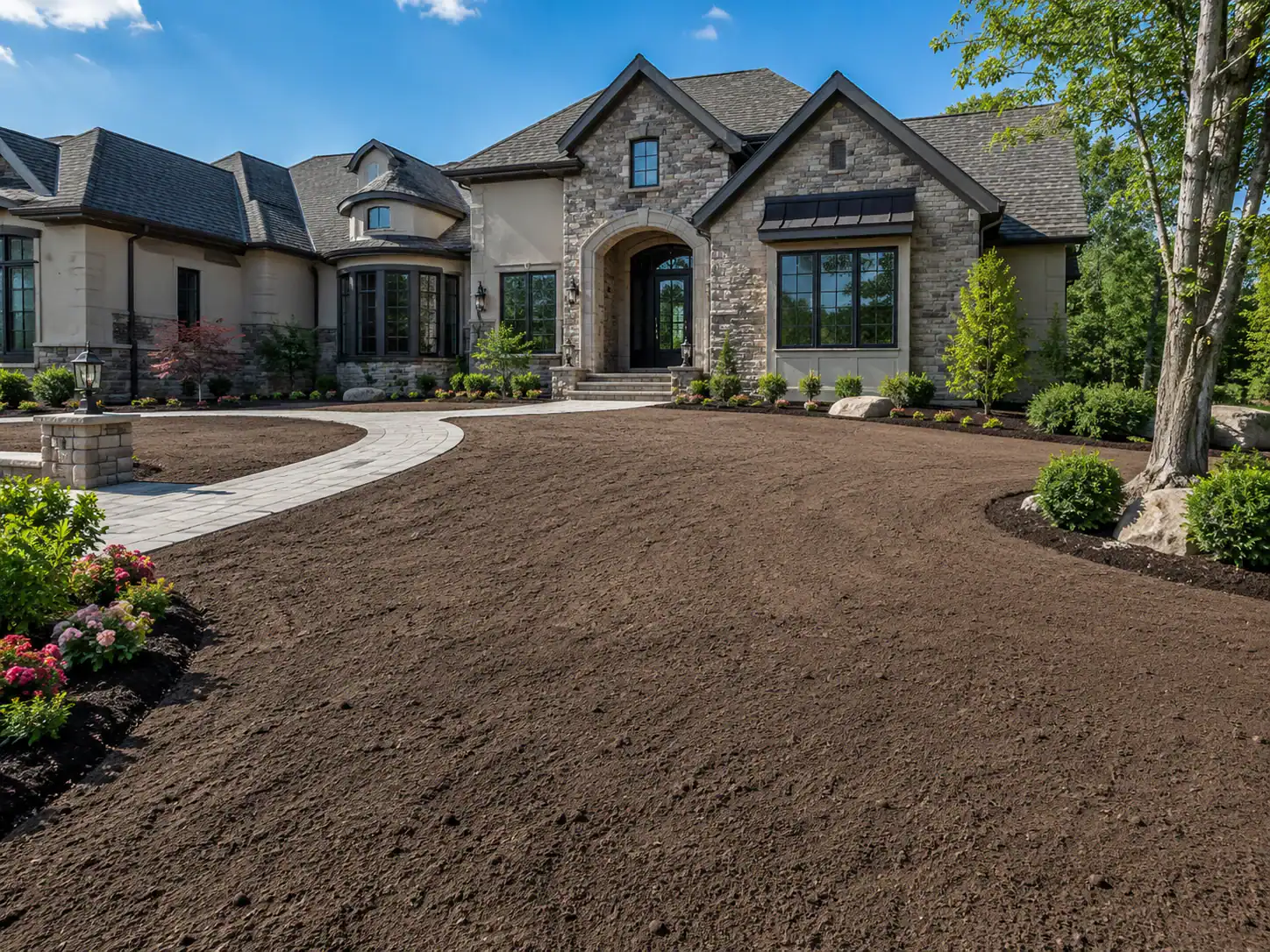 Large house with stone accents, arched entry, and new lawn installation in Suffolk County, NY.