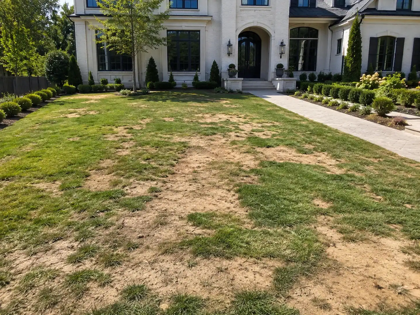 A brown, patchy lawn stretches before a white house in NY, making it perfect for Lawn Renovation Suffolk County.